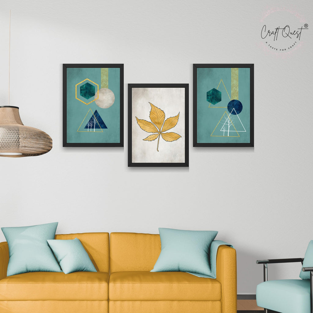 CRAFT QUEST Modern Art Shapes & Leaf Abstract | Set of 3 Frames for Home Decoration | Ideal for Living Room, Bedroom & Offices