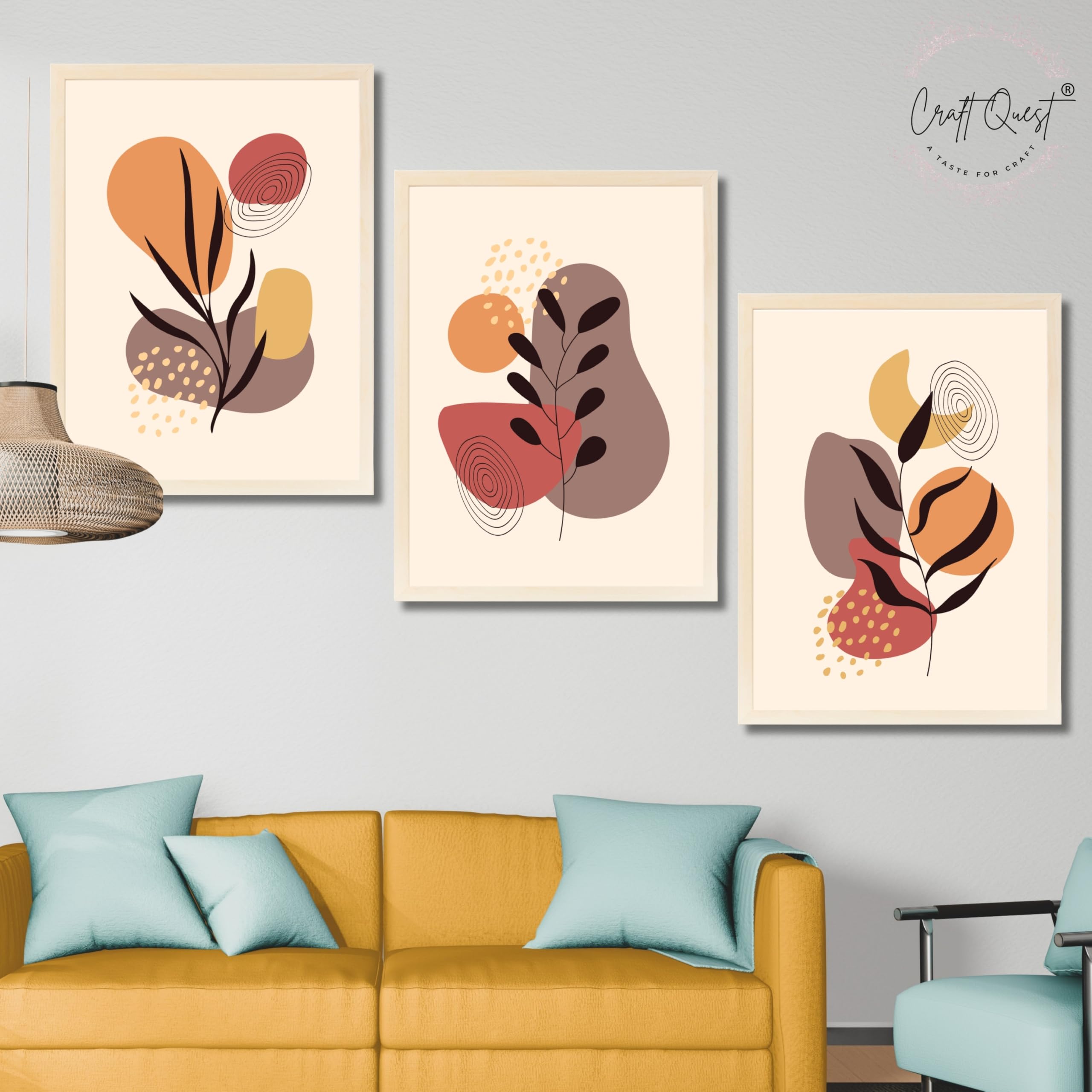 CRAFT QUEST Wall Art Decor Paintings | Set of 3 BOHO Wall Art Frames for Home Decoratio | Ideal for Living Room, Office & Bedrooms