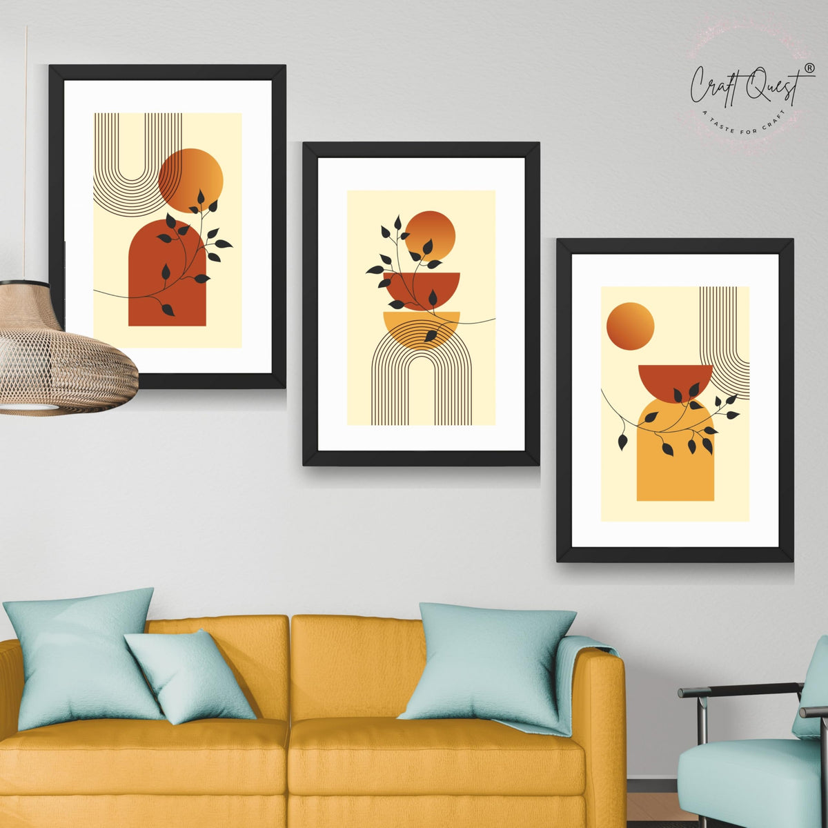 CRAFT QUEST Boho Contemporary Botanical Modern Wall Art | Set of 3 Frames for Home Decoration | Ideal for Living Room, Bedroom & Offices