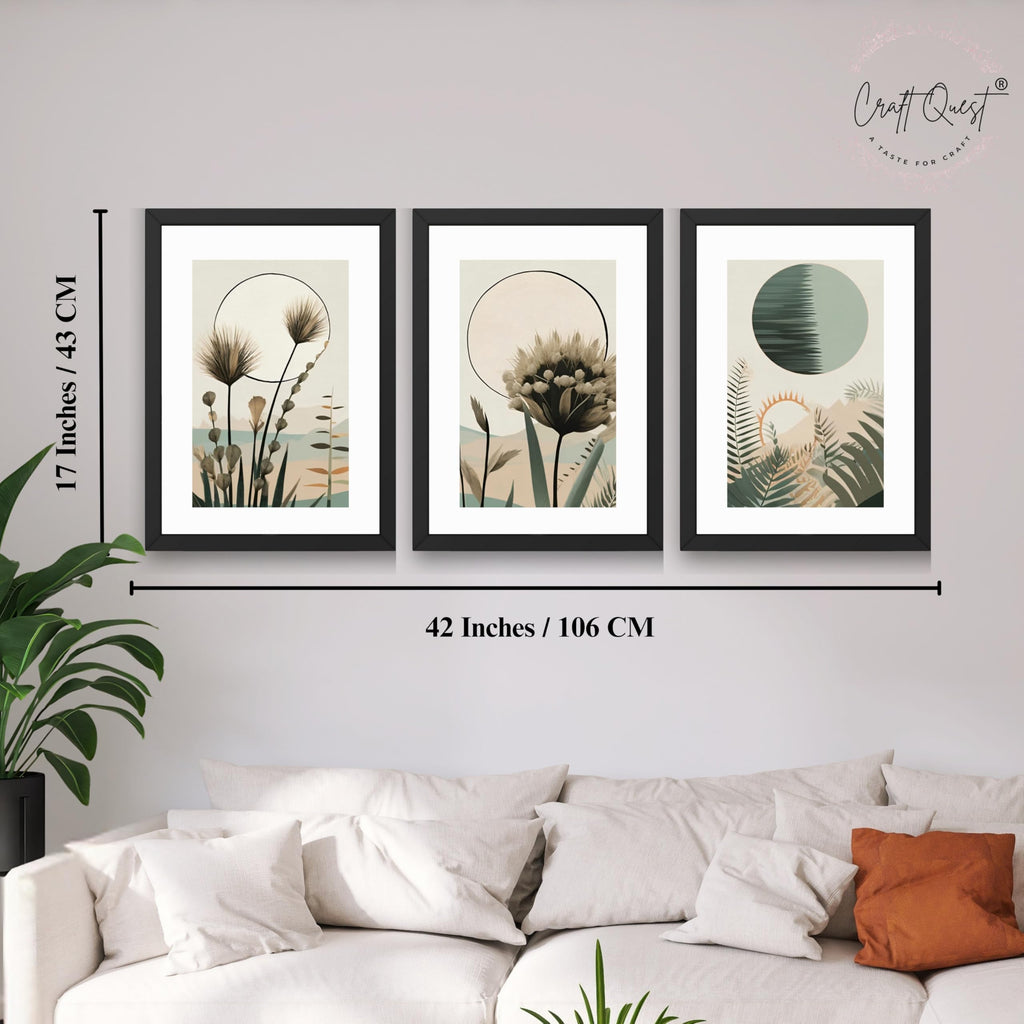 CRAFT QUEST Boho Abstract Flowers & Leaves | Set of 3 Frames for Home Decoration | Ideal for Living Room, Bedroom & Offices
