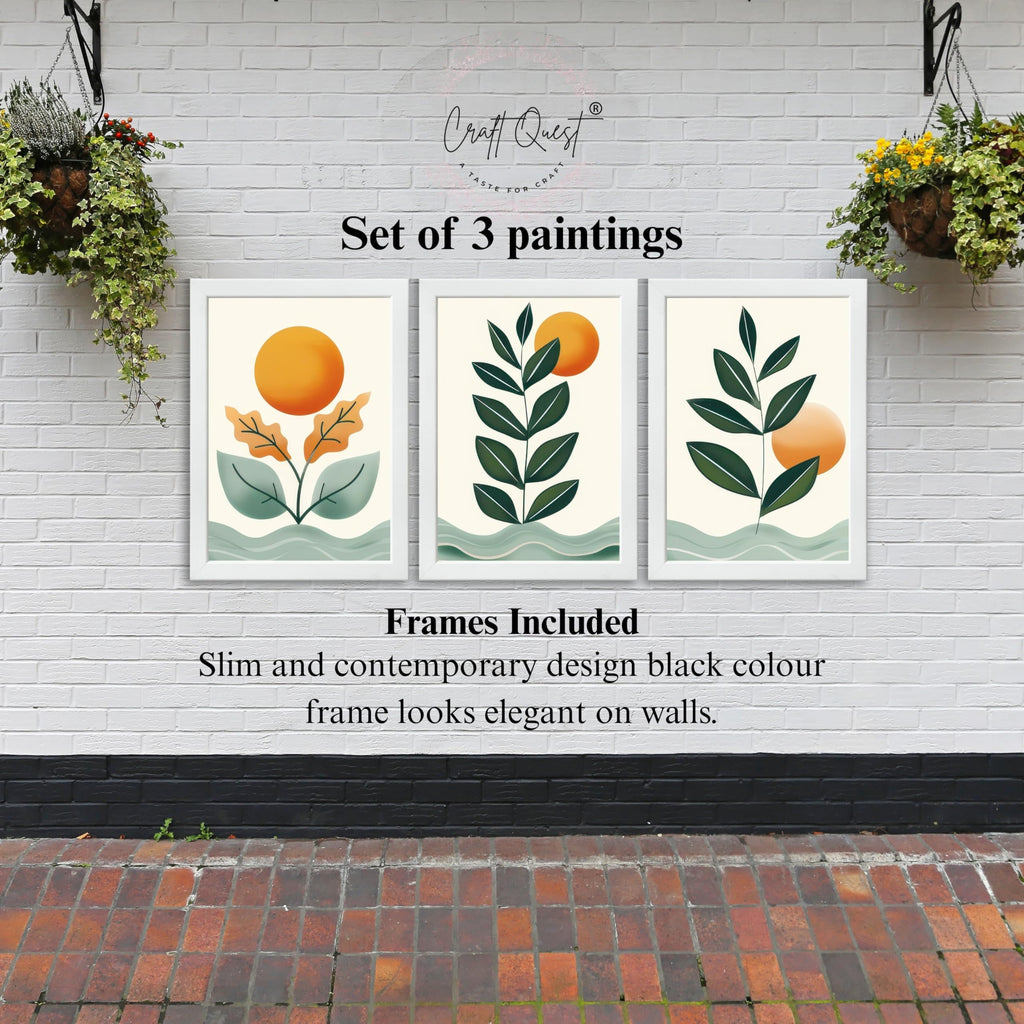 CRAFT QUEST Nature Inspired Sun & Moon Modern Boho Wall Art | Set of 3 Frames for Home Decoration | Ideal for Living Room, Bedroom & Offices