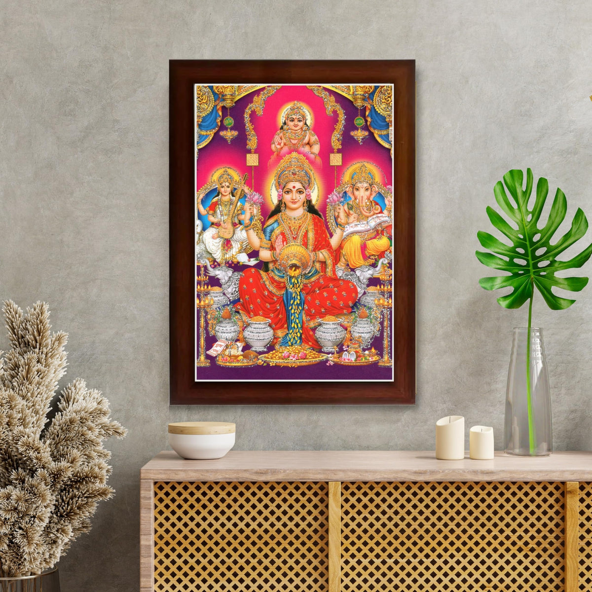 CRAFT QUEST Lakshmi Devi Ganesha Saraswati Hanging Wall Painting Framed Home and Pooja Decor God Hindu Devi Devta Photo Frame