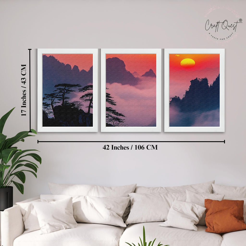 CRAFT QUEST Nature Inspired Mountains & Clouds Wall Art | Set of 3 Frames for Home Decoration | Ideal for Living Room, Bedroom & Offices