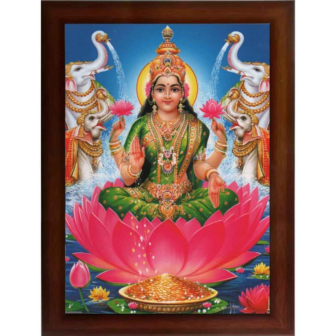 Craft Quest Goddess Lakshmi Devi Dhana Vaibhav Laxmi Maa Wall Painting Framed Home Decor (Wood, Matte, Brown, Small Size, 14 X 10 Inch)