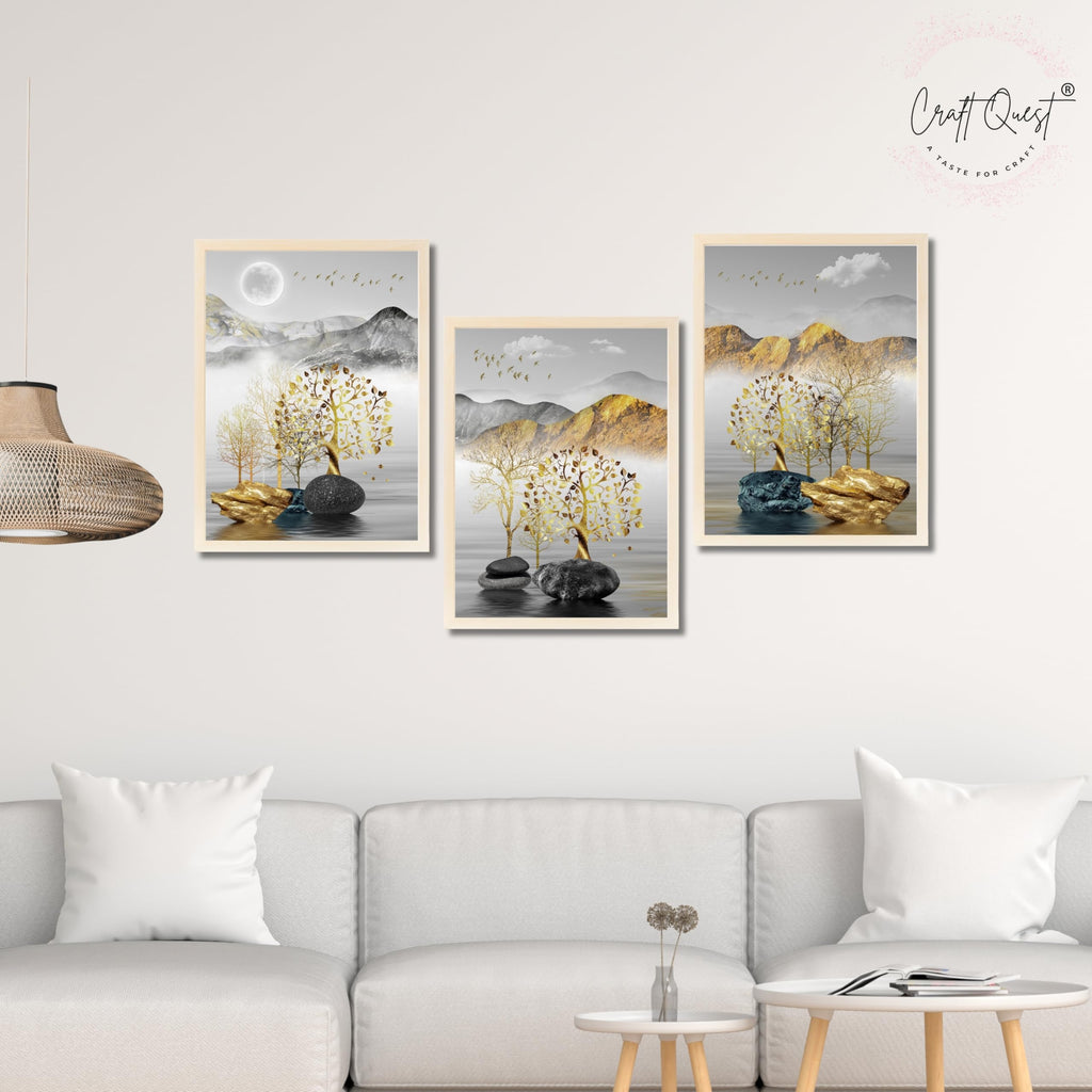 CRAFT QUEST Modern Art Landscape Golden Tree,Birds & Mountains Wall Art | Set of 3 Frames for Home Decoration | Ideal for Living Room, Bedroom & Offices