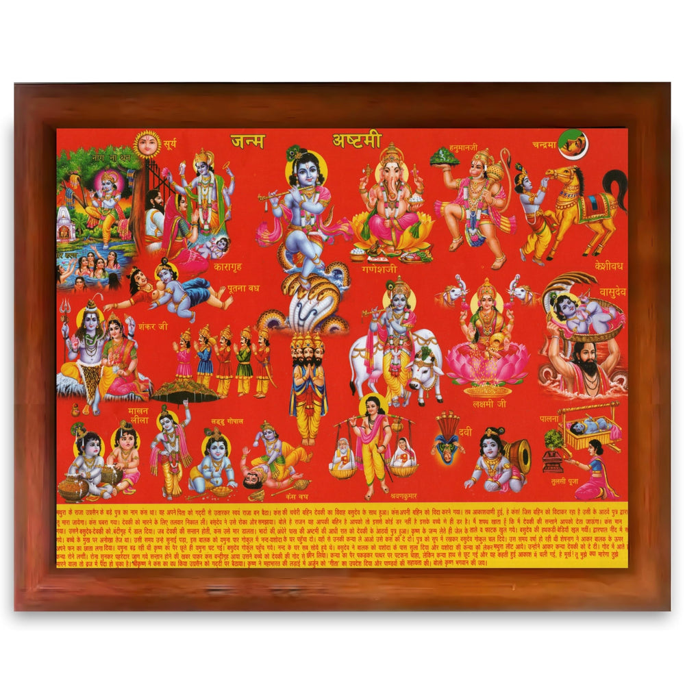 CRAFT QUEST Krishna Janmashtami Photo with Frame, Janmashtami Painting, Hindu God Wall Art, Spiritual Photo for Home Decor, Pooja Room, Gift Frame