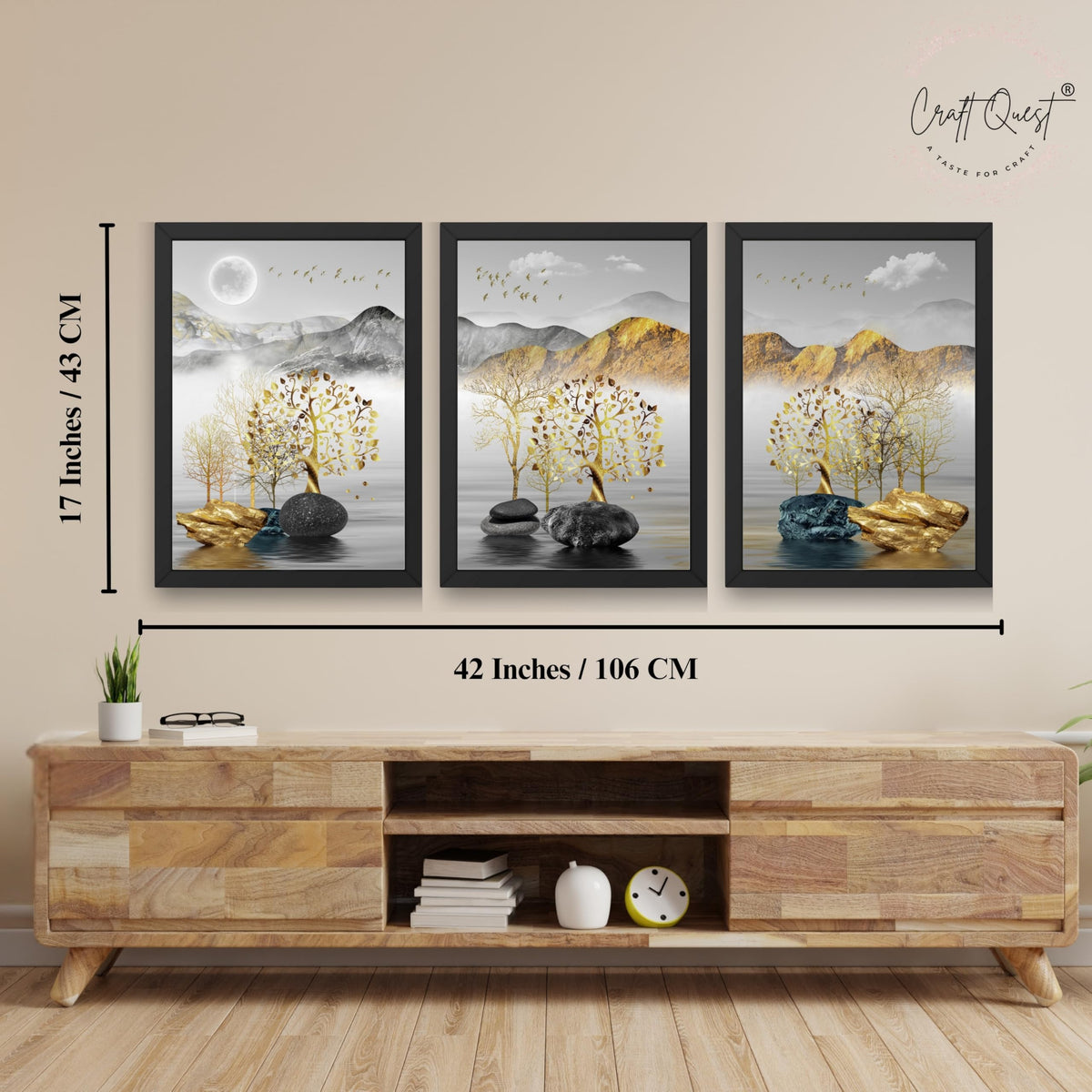 CRAFT QUEST Modern Art Landscape Golden Tree,Birds & Mountains Wall Art | Set of 3 Frames for Home Decoration | Ideal for Living Room, Bedroom & Offices