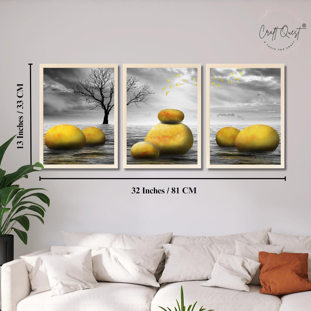 CRAFT QUEST Modern Abstract Golden Stone Art | Set of 3 Frames for Home Decoration | Ideal for Living Room, Bedroom & Offices