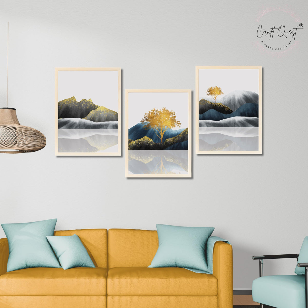 CRAFT QUEST Modern Abstract Golden Trees & Mountains | Set of 3 Frames for Home Decoration | Ideal for Living Room, Bedroom & Offices