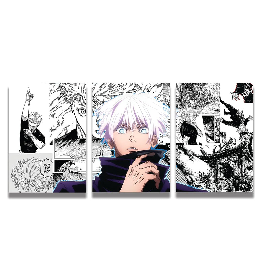 zenithink Gojo Jujutsu Kaisen Wall Poster Pack Of 3-A4 Size, 300 GSM Included Glue Dots, Paper Home Decor Art Poster For Bedroom, Living room, Office, No Frame
