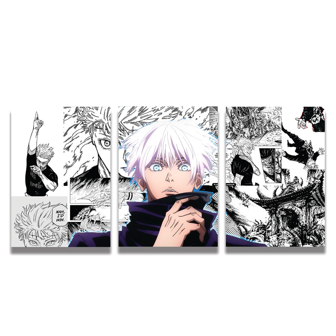 zenithink Gojo Jujutsu Kaisen Wall Poster Pack Of 3-A4 Size, 300 GSM Included Glue Dots, Paper Home Decor Art Poster For Bedroom, Living room, Office, No Frame