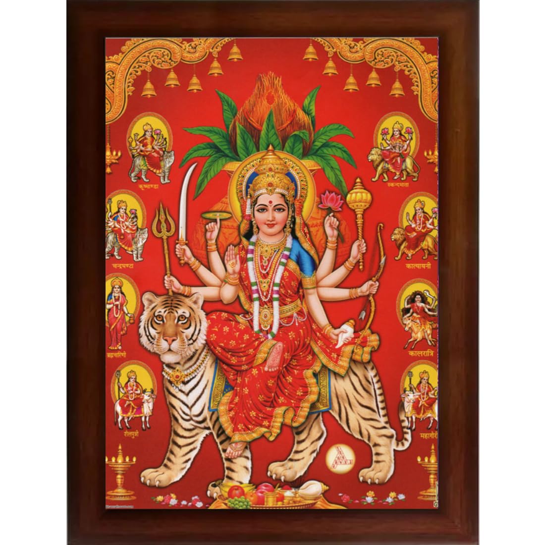 CRAFT QUEST Nav Durga mata photo with brown frame | God Religious Framed Painting (Large Size 14 X 10 Inches. Multicolour)