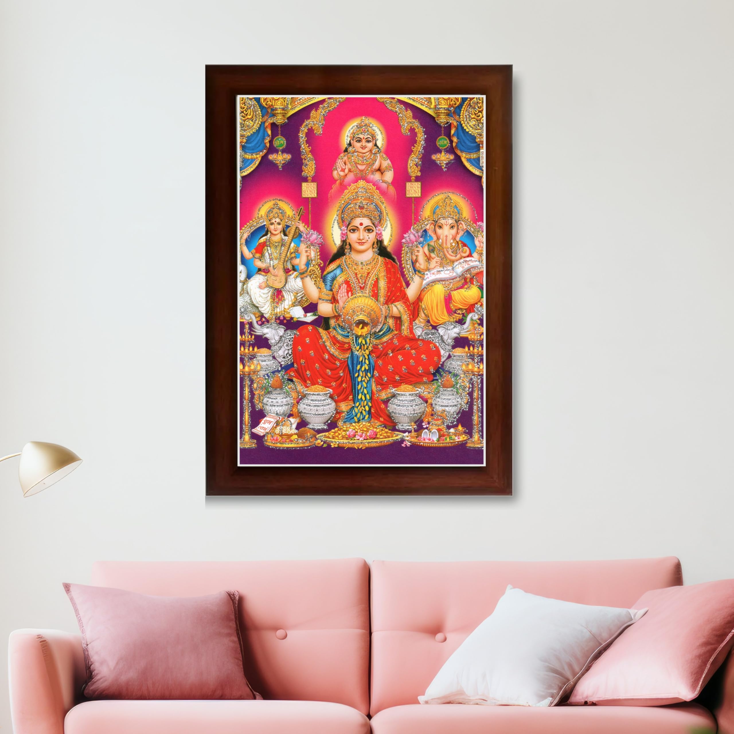 CRAFT QUEST Lakshmi Devi Ganesha Saraswati Hanging Wall Painting Framed Home and Pooja Decor God Hindu Devi Devta Photo Frame