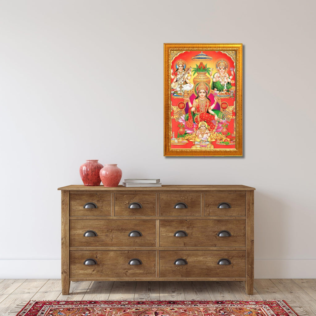 CRAFT QUEST Lakshmi Devi Ganesha Saraswati Ganesh Hanging Wall Painting Framed Home Decor Hindu Bhagwan Devi Devta Photo Frame