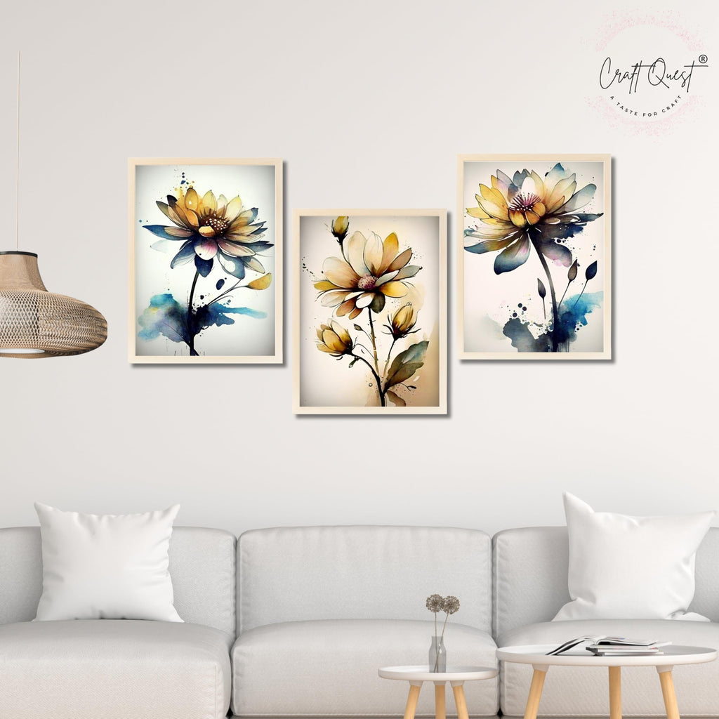 CRAFT QUEST Nature Inspired Triptych Flowers Abstract Wall Art | Set of 3 Frames for Home Decoration | Ideal for Living Room, Bedroom & Office