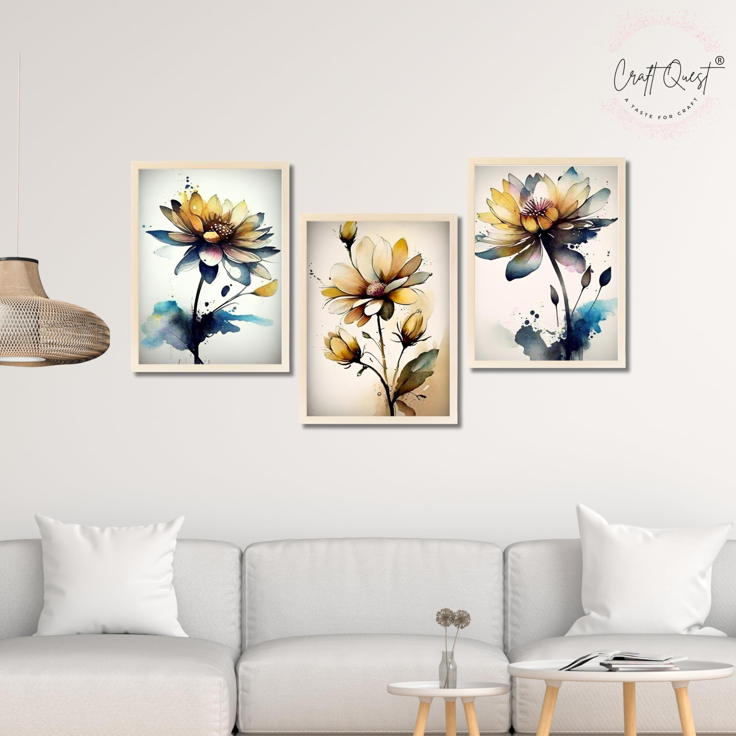CRAFT QUEST Nature Inspired Triptych Flowers Abstract Wall Art | Set of 3 Frames for Home Decoration | Ideal for Living Room, Bedroom & Office