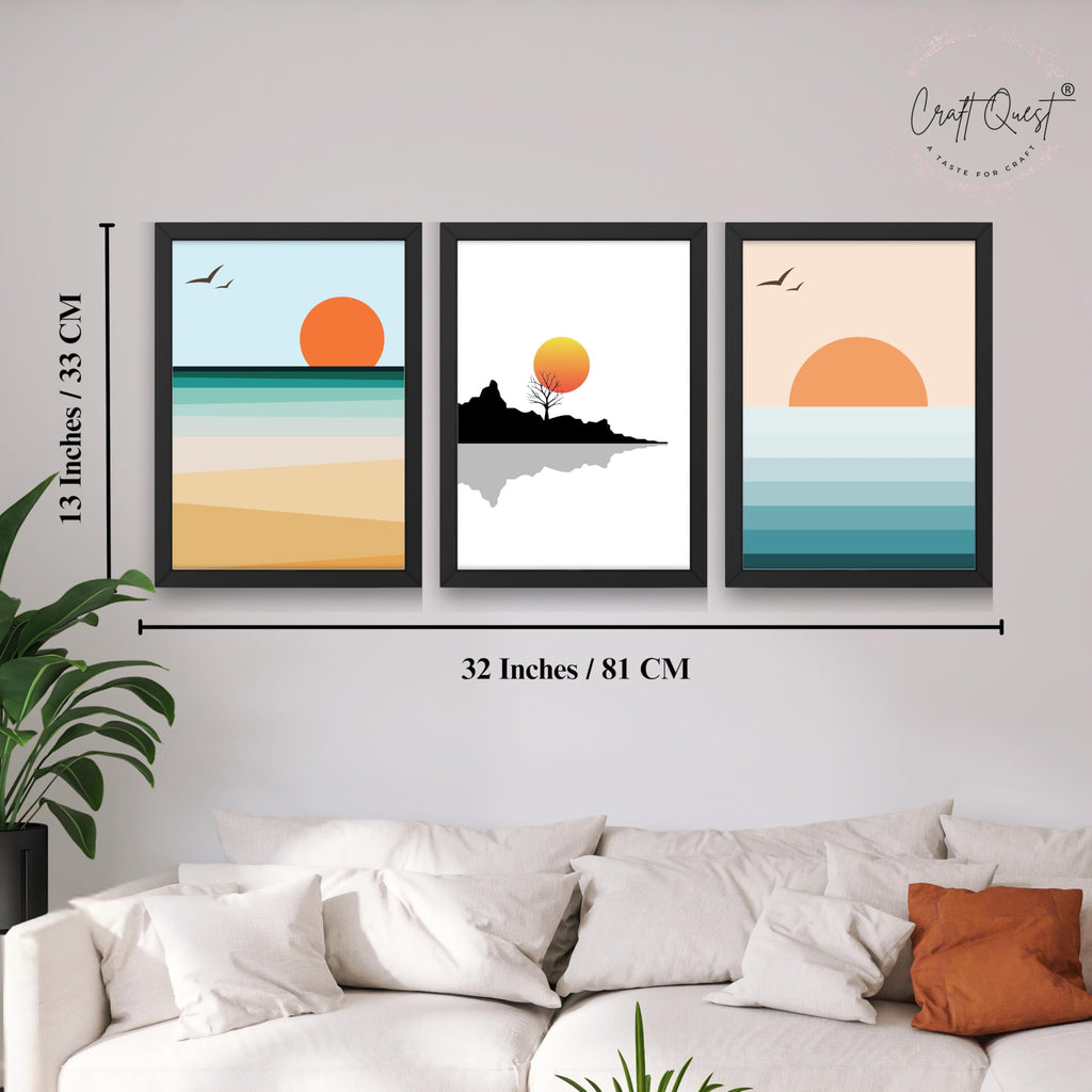 CRAFT QUEST Nature Inspired Abstract Of Sunset Wall Art | Set of 3 Frames for Home Decoration | Ideal for Living Room, Bedroom & Offices