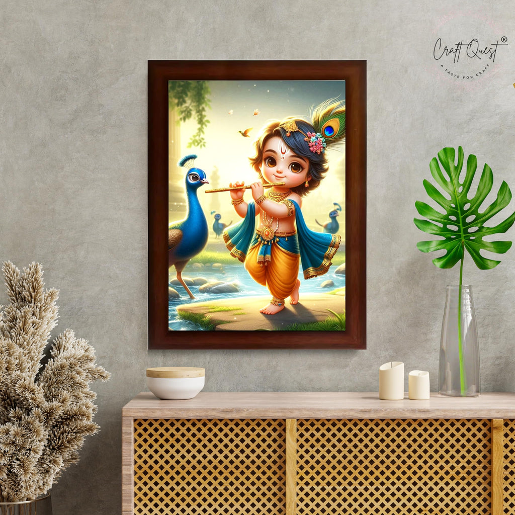 CRAFT QUEST Bal Gopal Makhan Chor Wall Photo Frame | Hindu God Kanha Devotional Home Decor | Pooja Room, Living Room, Gift Item