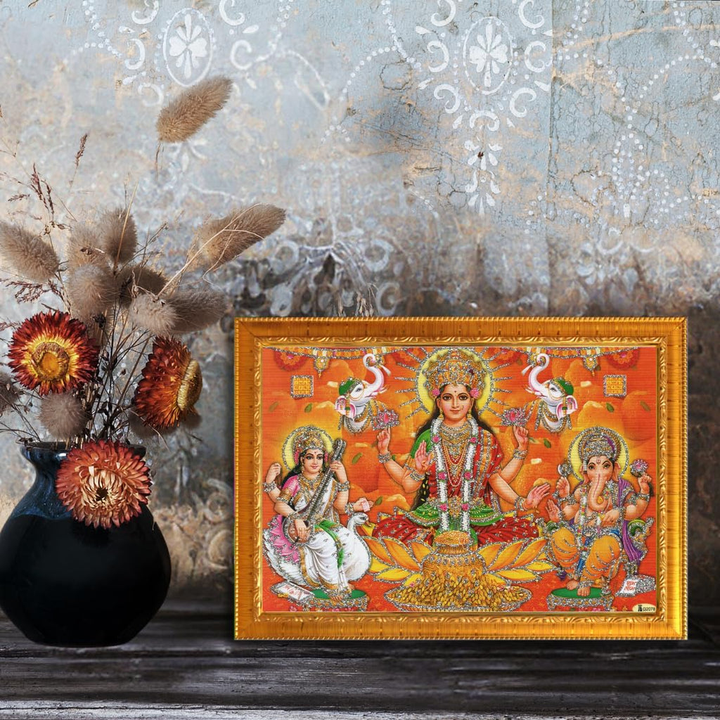 CRAFT QUEST Lakshmi Devi with ganesh ji and saraswati maa Wall Painting Frame Home Decor (Synthetic, Sparkle Finish, Large Size, Golden, 8 X 6 Inch)
