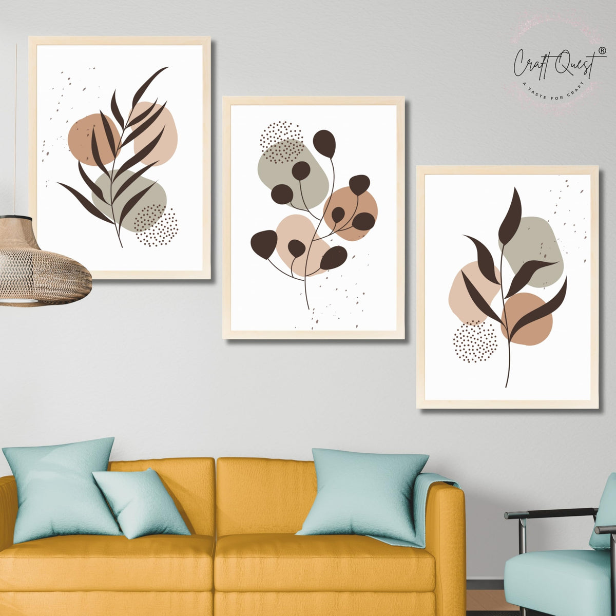 CRAFT QUEST Wall Art Decor Paintings | Set of 3 BOHO Wall Art Frames for Home Decoratio | Ideal for Living Room, Office & Bedroom