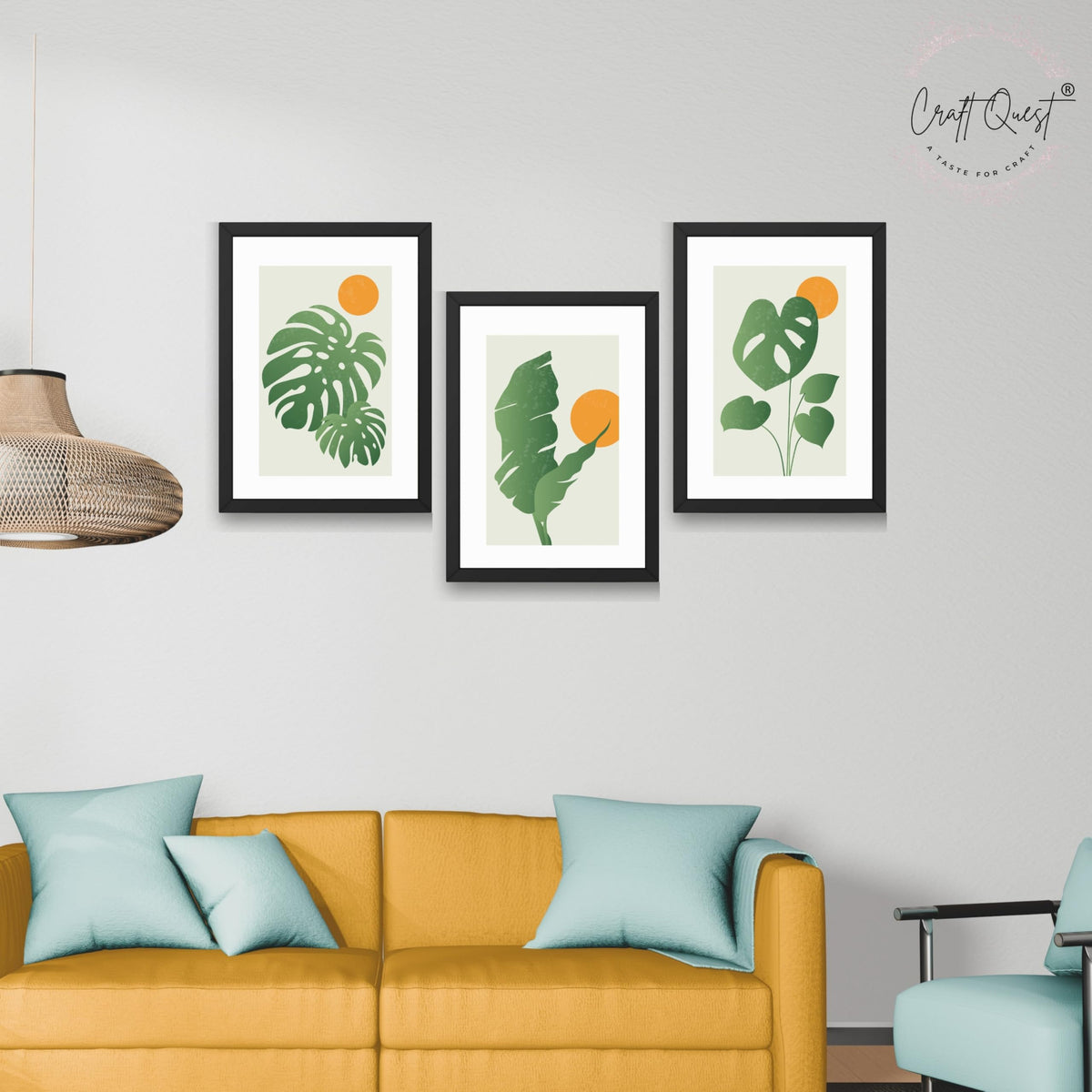 CRAFT QUEST Nature Inspired Abstract Gradient Tropical Leaf Wall Art | Set of 3 Frames for Home Decoration | Ideal for Living Room, Bedroom & Offices