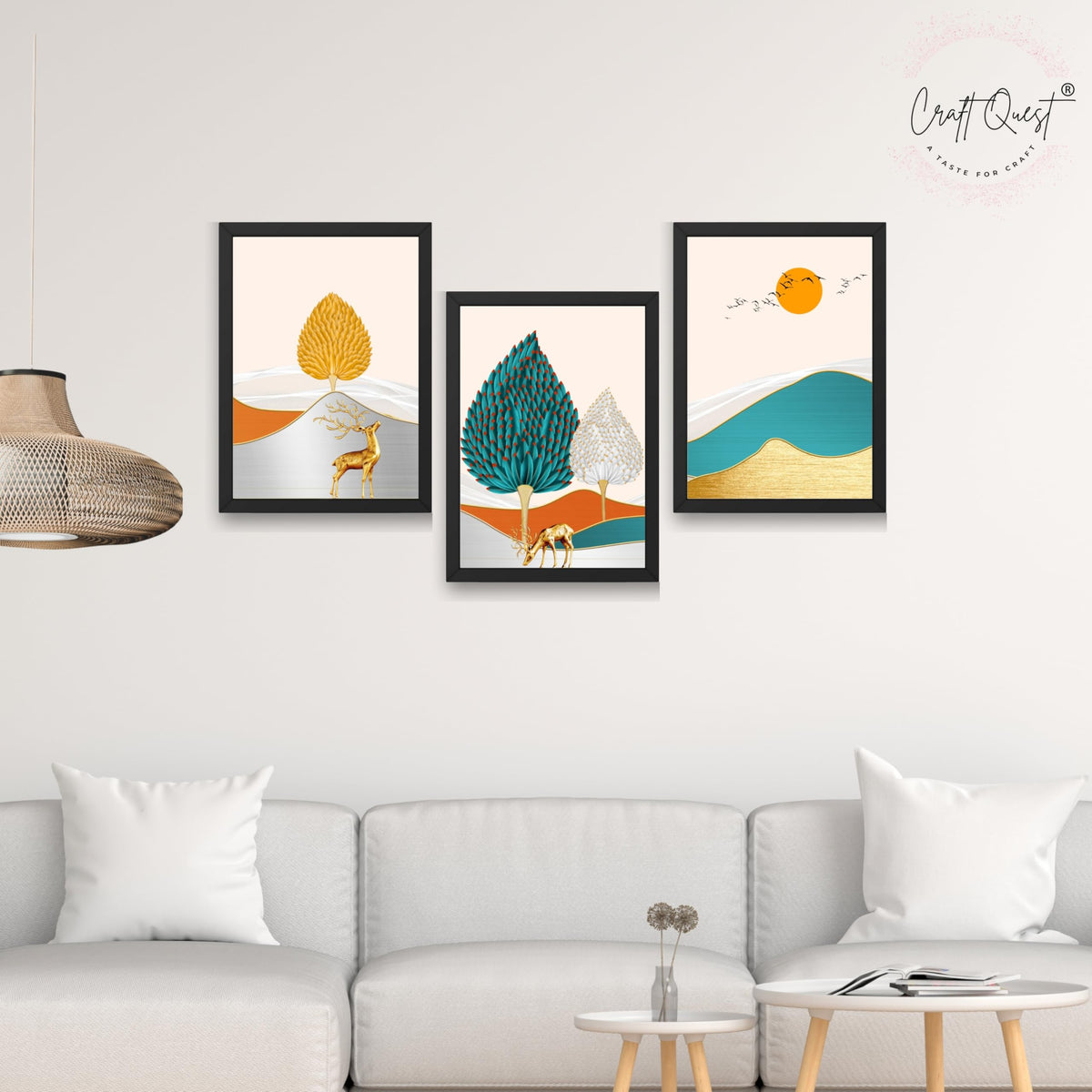 CRAFT QUEST Modern Art Landscapes Sanlian Adornment Abstract Wall Art | Set of 3 Frames for Home Decoration | Ideal for Living Room, Bedroom & Offices