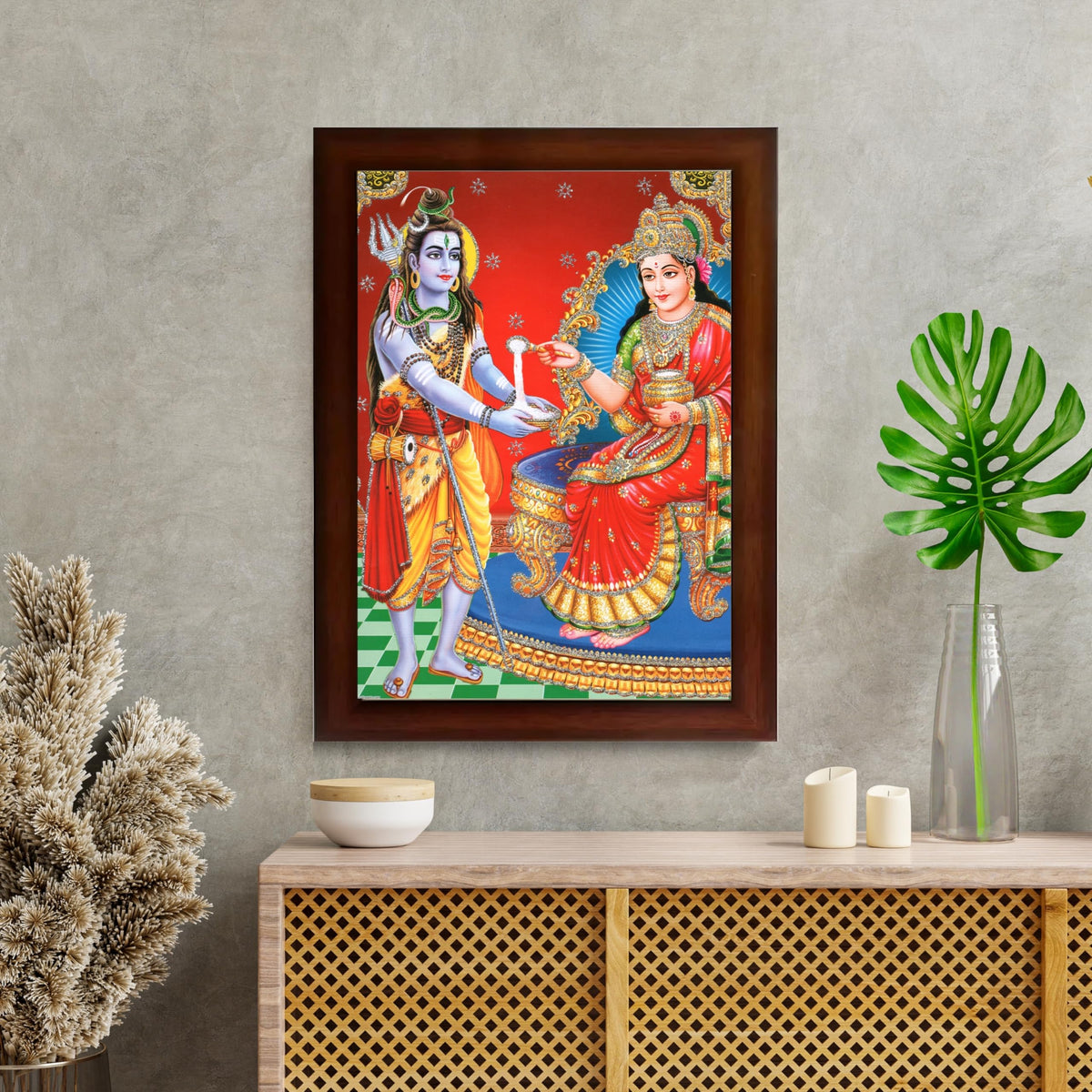 CRAFT QUEST Shiva & Maa Annapurna devi sitting on throne photo frame with Acrylic Glass for Kitchen, Restraunt