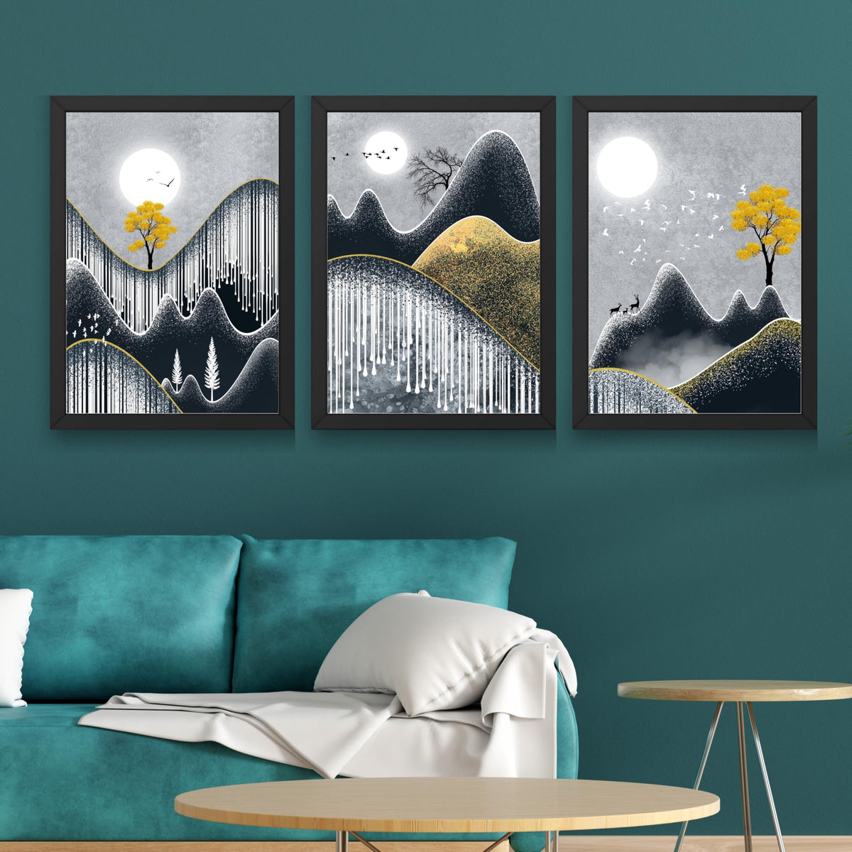 CRAFT QUEST Abstract Art Geometric Figures Decorative Murals | Set of 3 Frames for Home Decoration | Ideal for Living Room, Bedroom & Offices