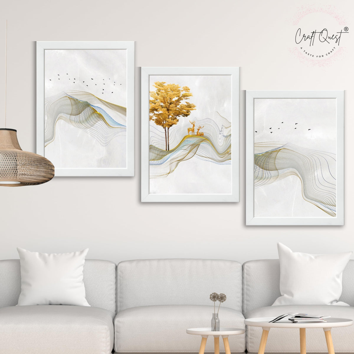 CRAFT QUEST Modern Art Landscapes Sanlian Adornment Wall Art | Set of 3 Frames for Home Decoration | Ideal for Living Room, Bedroom & Offices