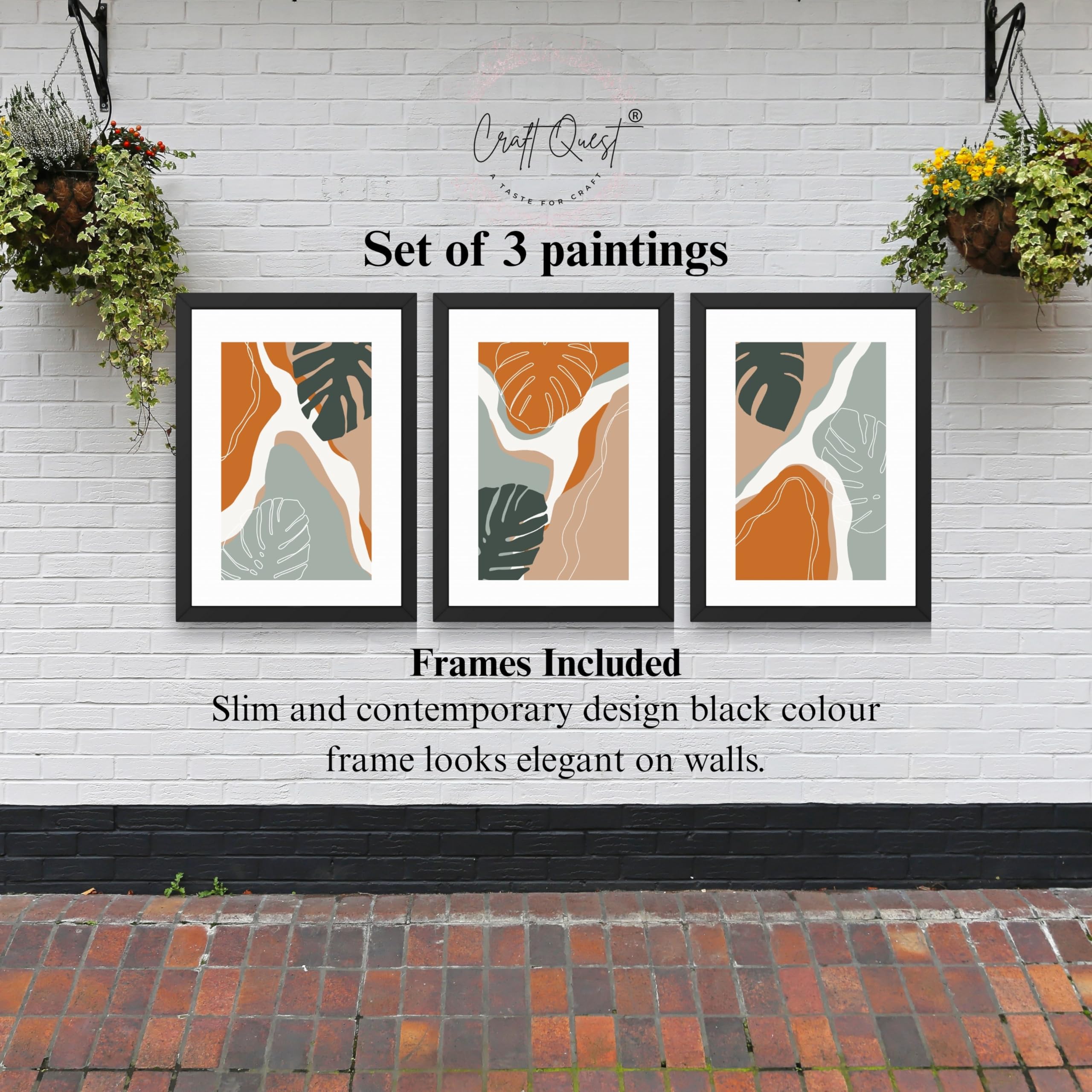 CRAFT QUEST SET OF 3 Organic Modern Leaf Wall Art | Set of 3 Frames for Home Decoration | Ideal for Living Room, Bedroom & Offices