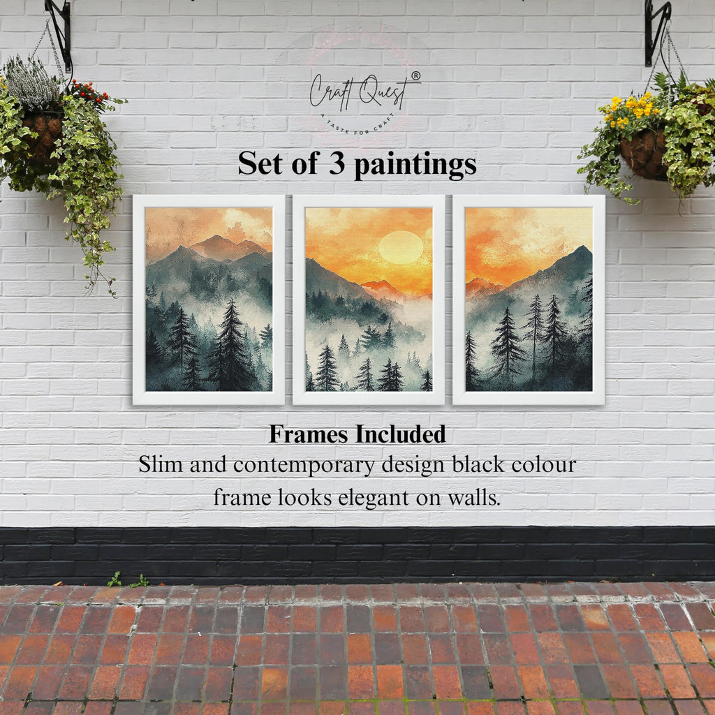 CRAFT QUEST Nature Inspired Paintings With Trees & Mountains Wall Art | Set of 3 Frames for Home Decoration | Ideal for Living Room, Bedroom & Office