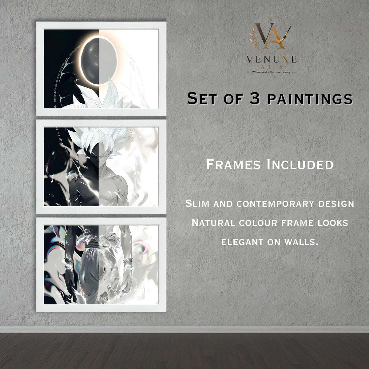 VENUXE ARTS Set Of 3 Anime Characters Wall Framed |Anime Characters Framed Poster for Living Room Bedroom Gaming Room Studio Wall Decor