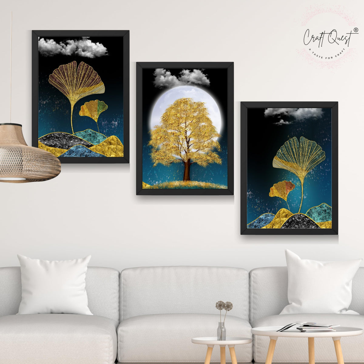 CRAFT QUEST Modern Art Mural With Golden Christmas Trees Wall Art | Set of 3 Frames for Home Decoration | Ideal for Living Room, Bedroom & Offices