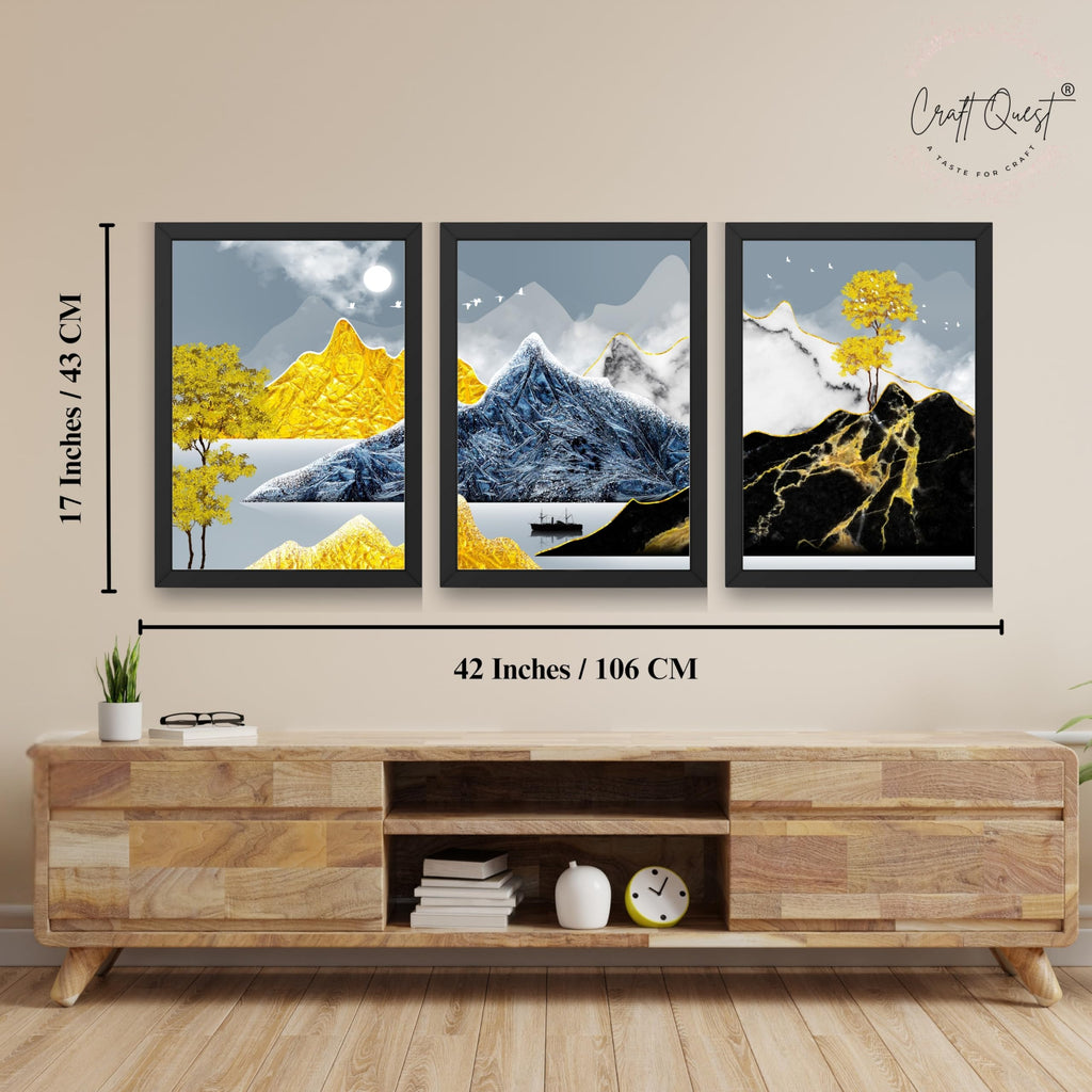 CRAFT QUEST Modern Art Abstract Ink Landscape Wall Art | Set of 3 Frames for Home Decoration | Ideal for Living Room, Bedroom & Offices