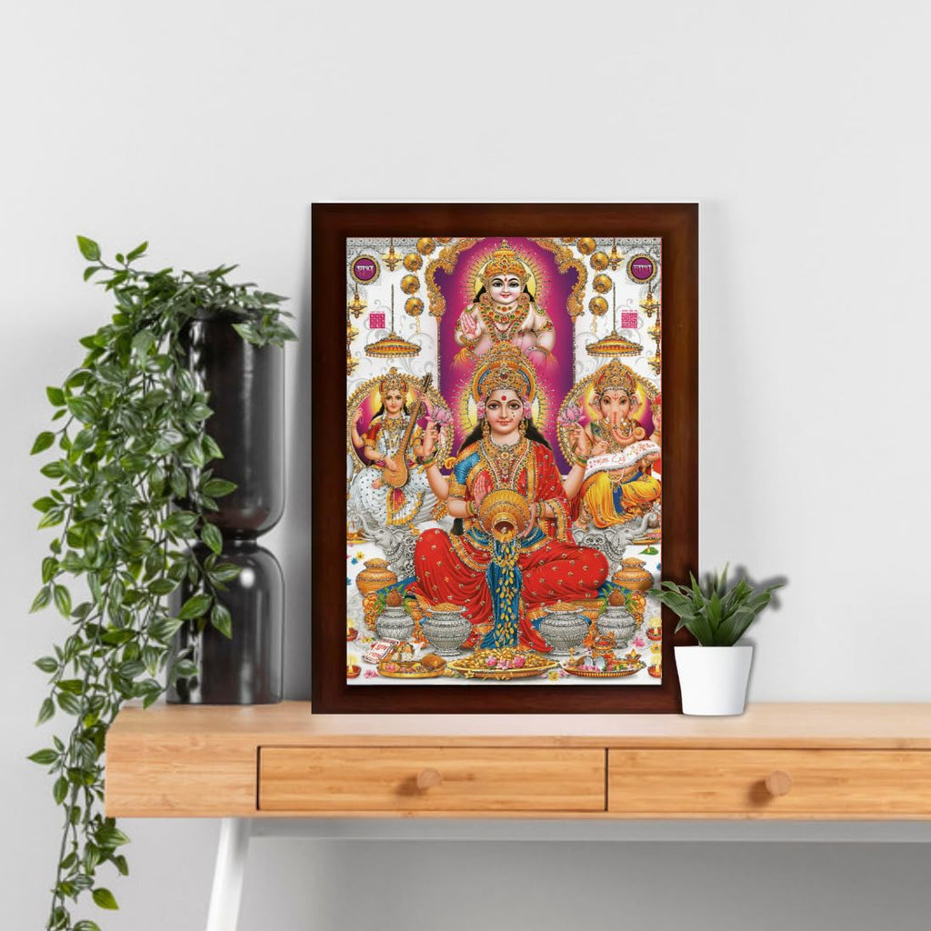 Craft Quest Kuber dev Lakshmi mata with Ganesh ji and Saraswati maa Wall Painting Frame Home Decor (Synthetic, Matte Finish, Brown, Large Size, 14 X 10 Inch)