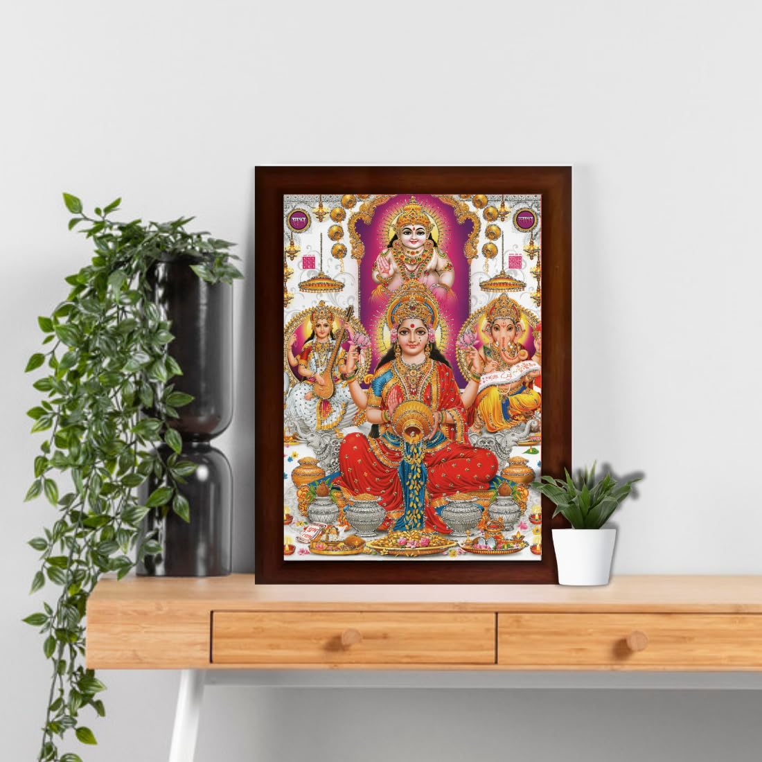 Craft Quest Kuber dev Lakshmi mata with Ganesh ji and Saraswati maa Wall Painting Frame Home Decor (Synthetic, Matte Finish, Brown, Large Size, 14 X 10 Inch)