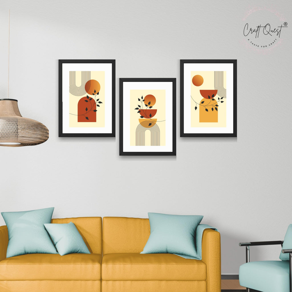 CRAFT QUEST Boho Contemporary Botanical Modern Wall Art | Set of 3 Frames for Home Decoration | Ideal for Living Room, Bedroom & Offices