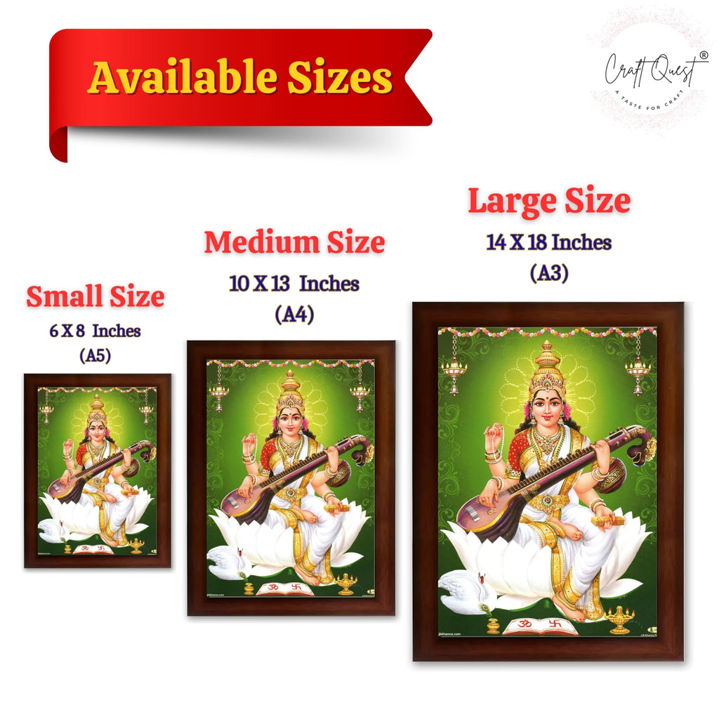 CRAFT QUEST Saraswati Devi Goddess Saraswathi Maa Wall Painting Sparkle Coated Framed Home Décor