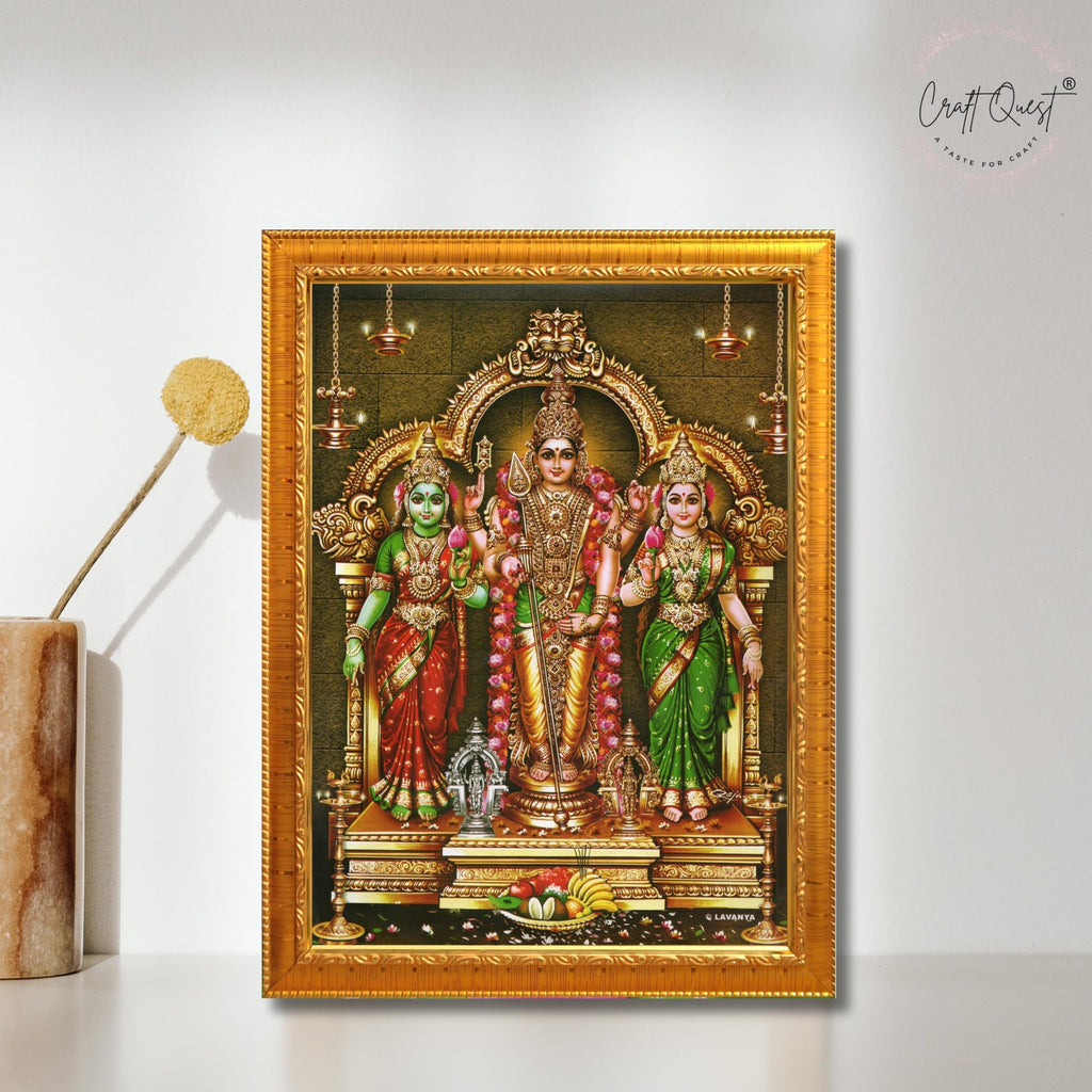 CRAFT QUEST Lord Murugan Valli Deivanai Subramanya Swamy Wall Painting Photo Framed | South God Picture Frame for Home, Office, Temple & Gifting, Decor