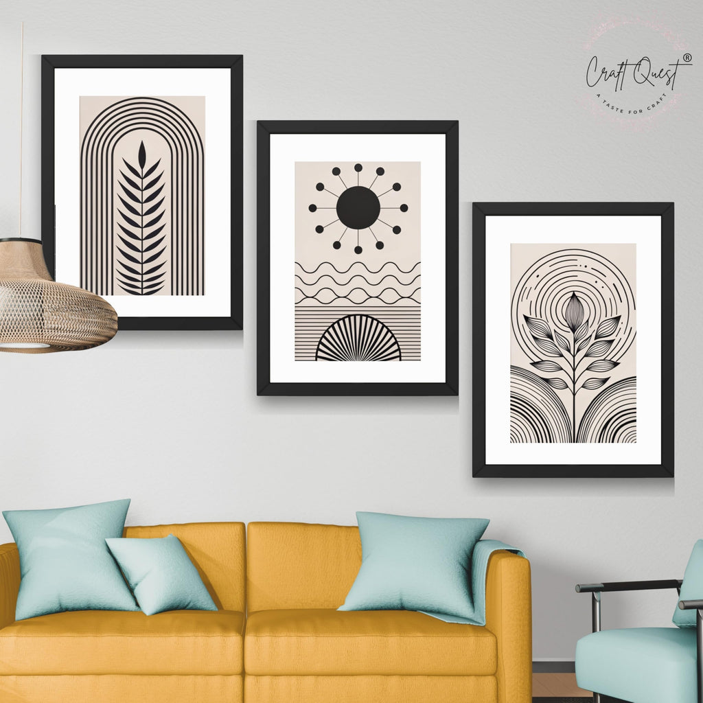 CRAFT QUEST Abstract Series Framed Paintings With Sun | Set of 3 Frames for Home Decoration | Ideal for Living Room, Bedroom & Offices