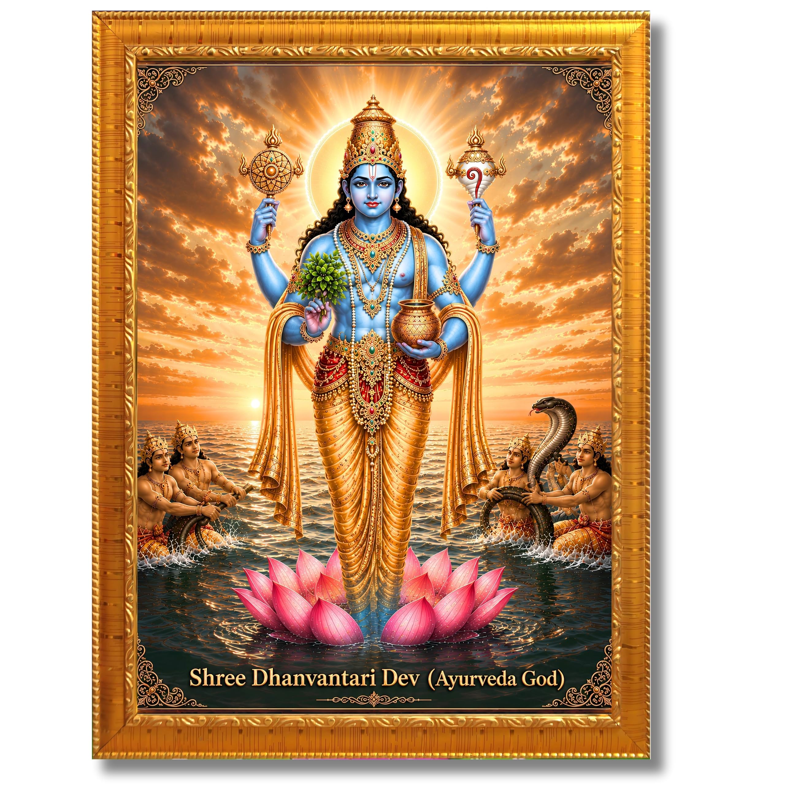 CRAFT QUEST Lord Dhanvantari/Dhanwantari Photo Frame | Hindu God of Ayurveda & Healing | Wooden Framed Wall Art for Home Temple, Office & Clinic Decor | Vastu & Spiritual Gift Item