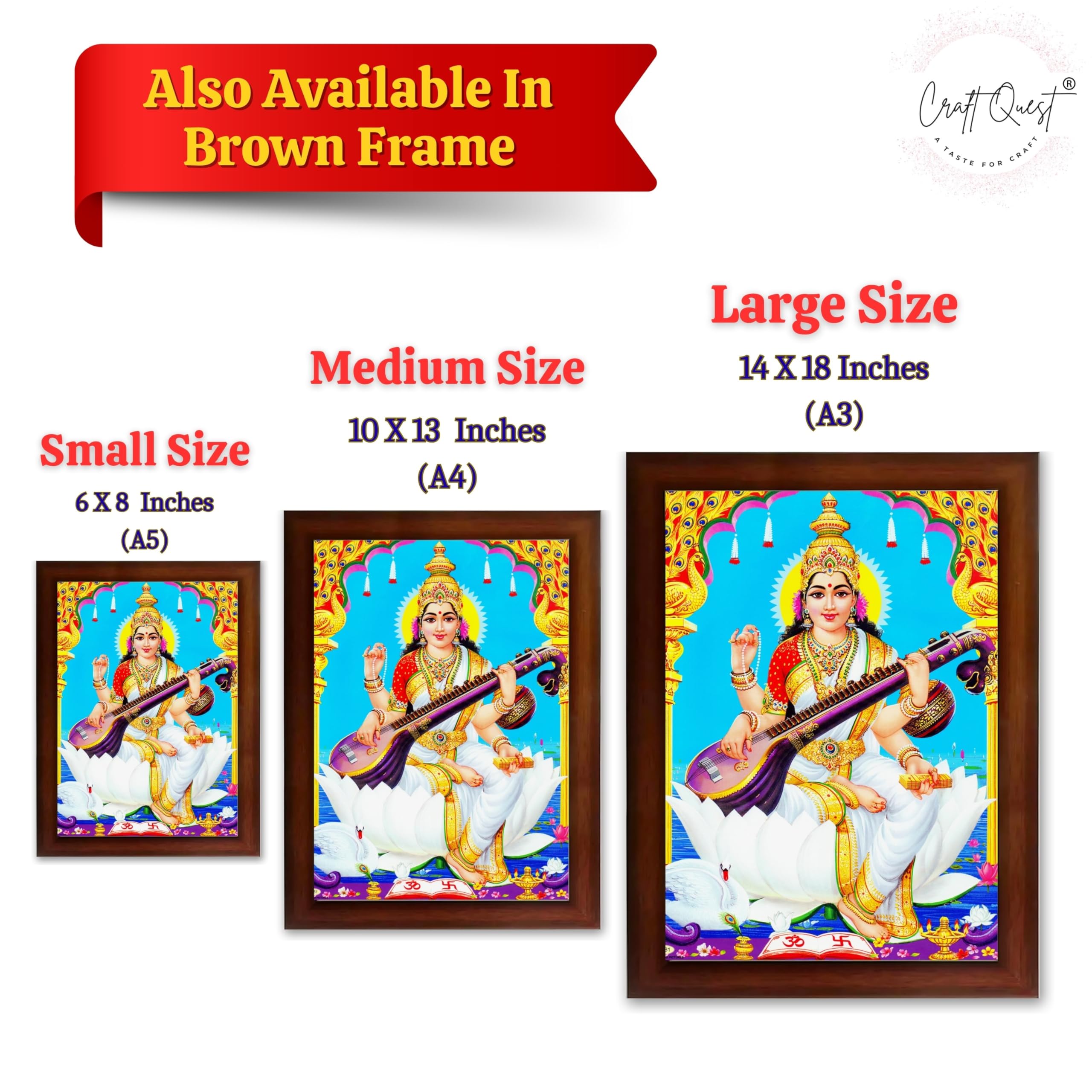CRAFT QUEST Saraswati Devi Goddess Saraswathi Maa Wall Painting Sparkle Coated Framed Home Décor Synthetic wood Frame