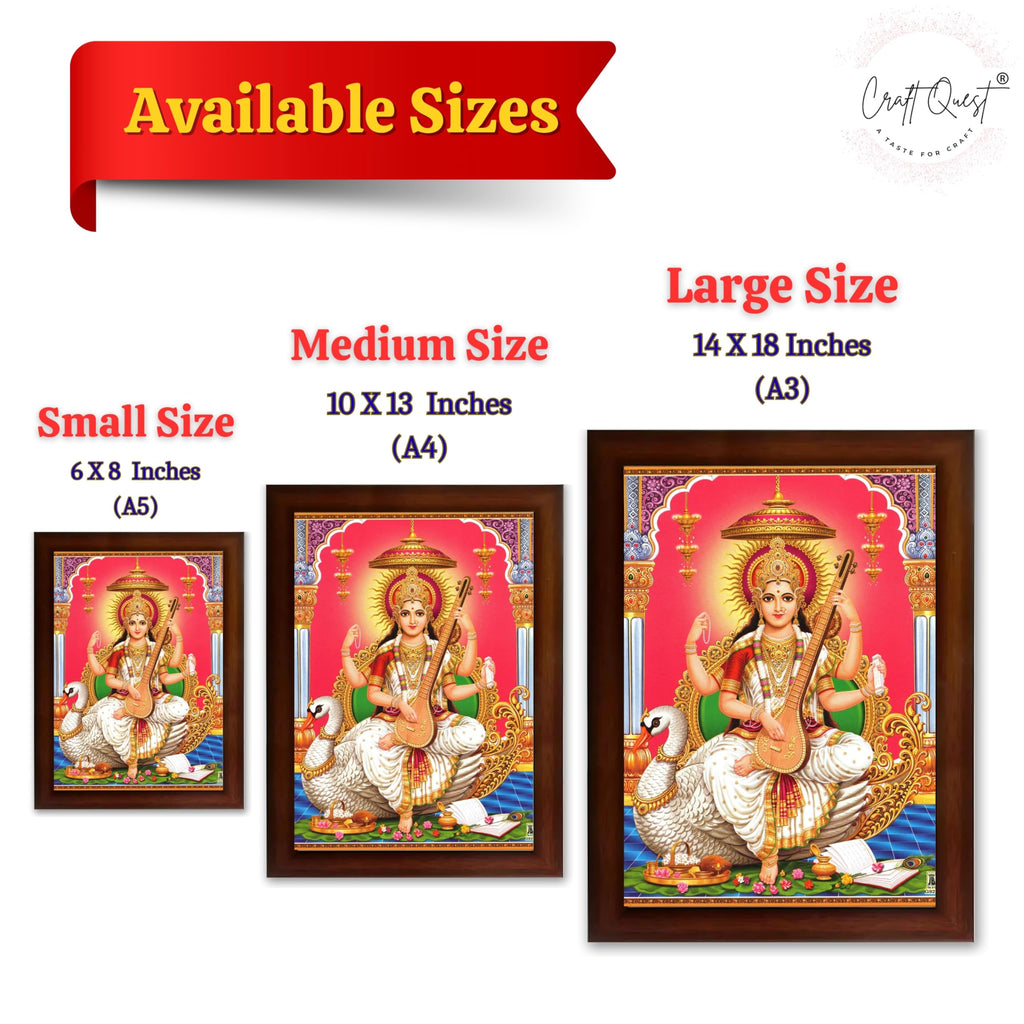 CRAFT QUEST Saraswati Devi Goddess Saraswathi Maa Wall Painting Sparkle Coated Framed Home Décor Synthetic wooden Framed
