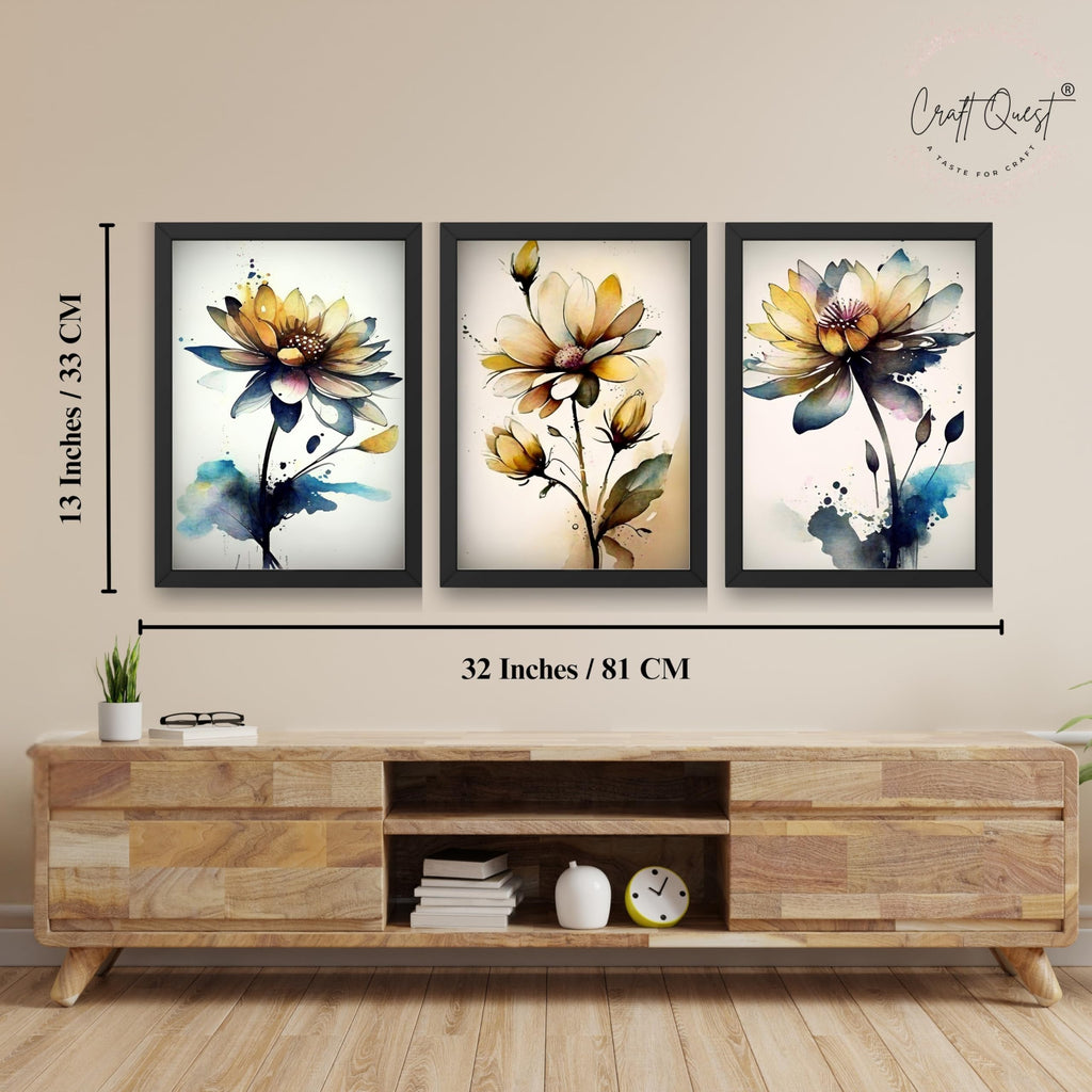 CRAFT QUEST Nature Inspired Triptych Flowers Abstract Wall Art | Set of 3 Frames for Home Decoration | Ideal for Living Room, Bedroom & Office