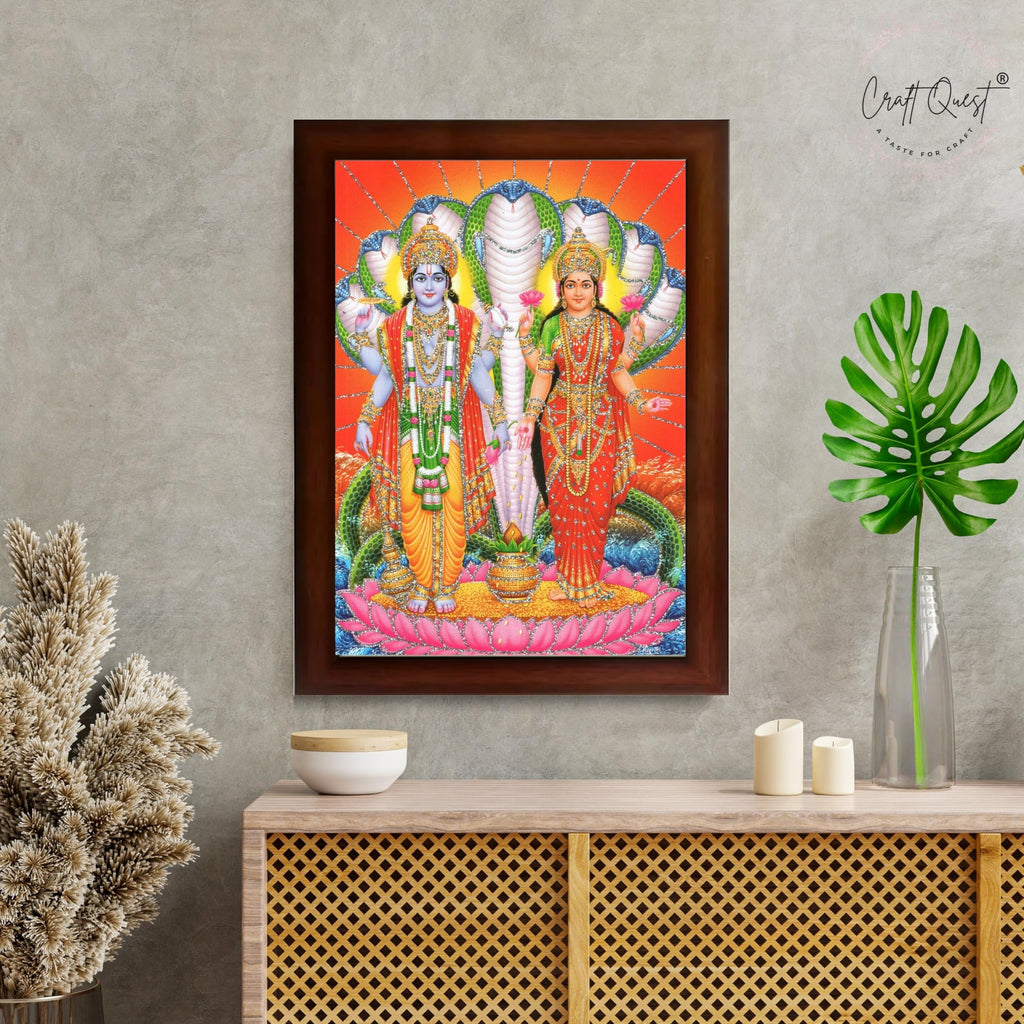 CRAFT QUEST Lord Vishnu Lakshmi Devi Laxmi Narayan Ji Wall Painting Framed Home Décor