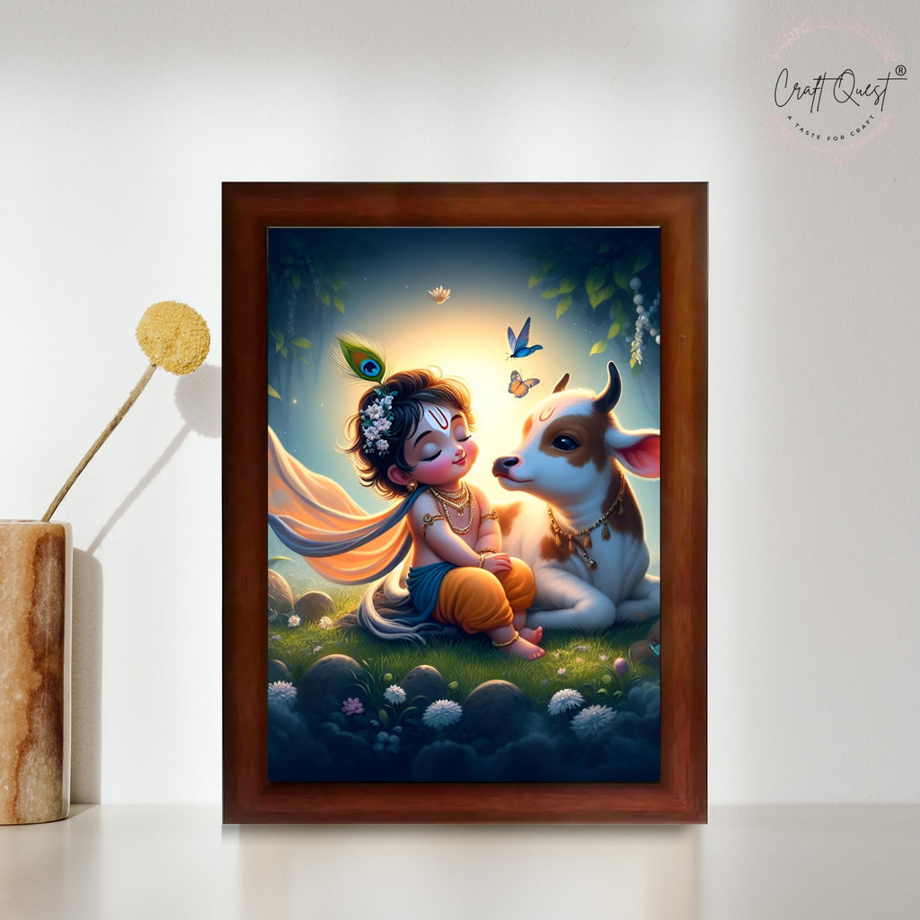 CRAFT QUEST Cute Bal Gopal HD Print | Premium Transparent Frame for Home Temple, Office Desk, Car Dashboard