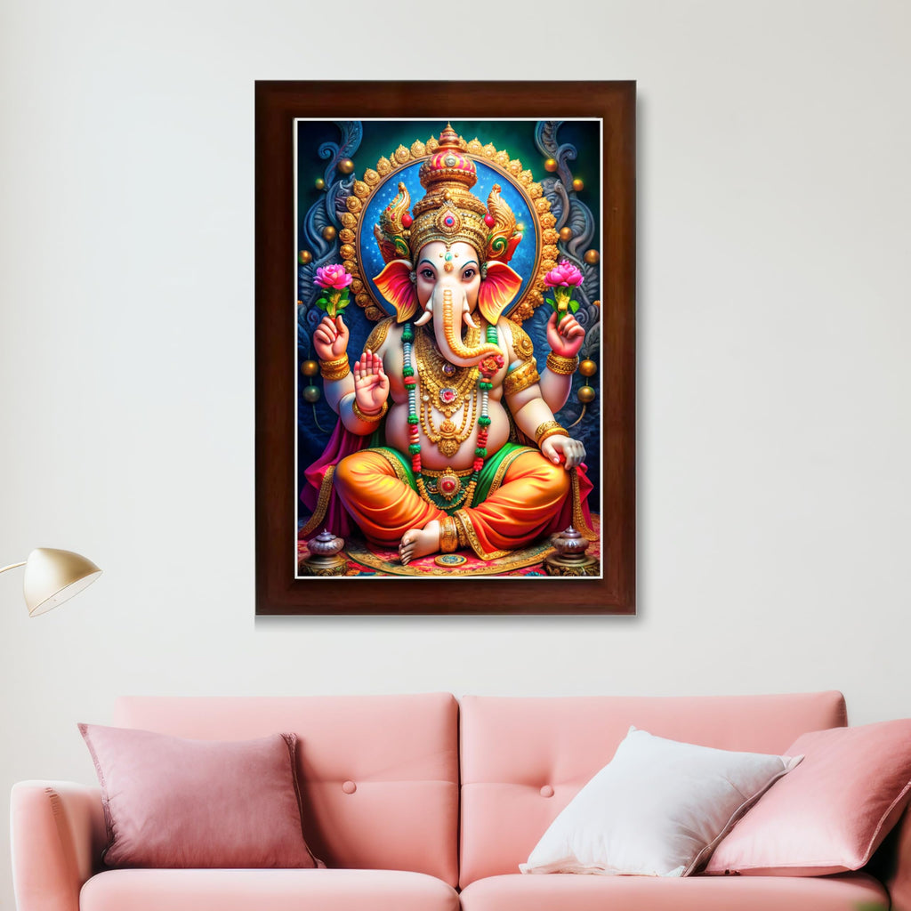 CRAFT QUEST Laminated God Ganpati ji Photo Frame Wall Decor Mandir Pooja Poster Religious Painting Divine Hindu Temple Decoration Spiritual Blessings Home Office Gift