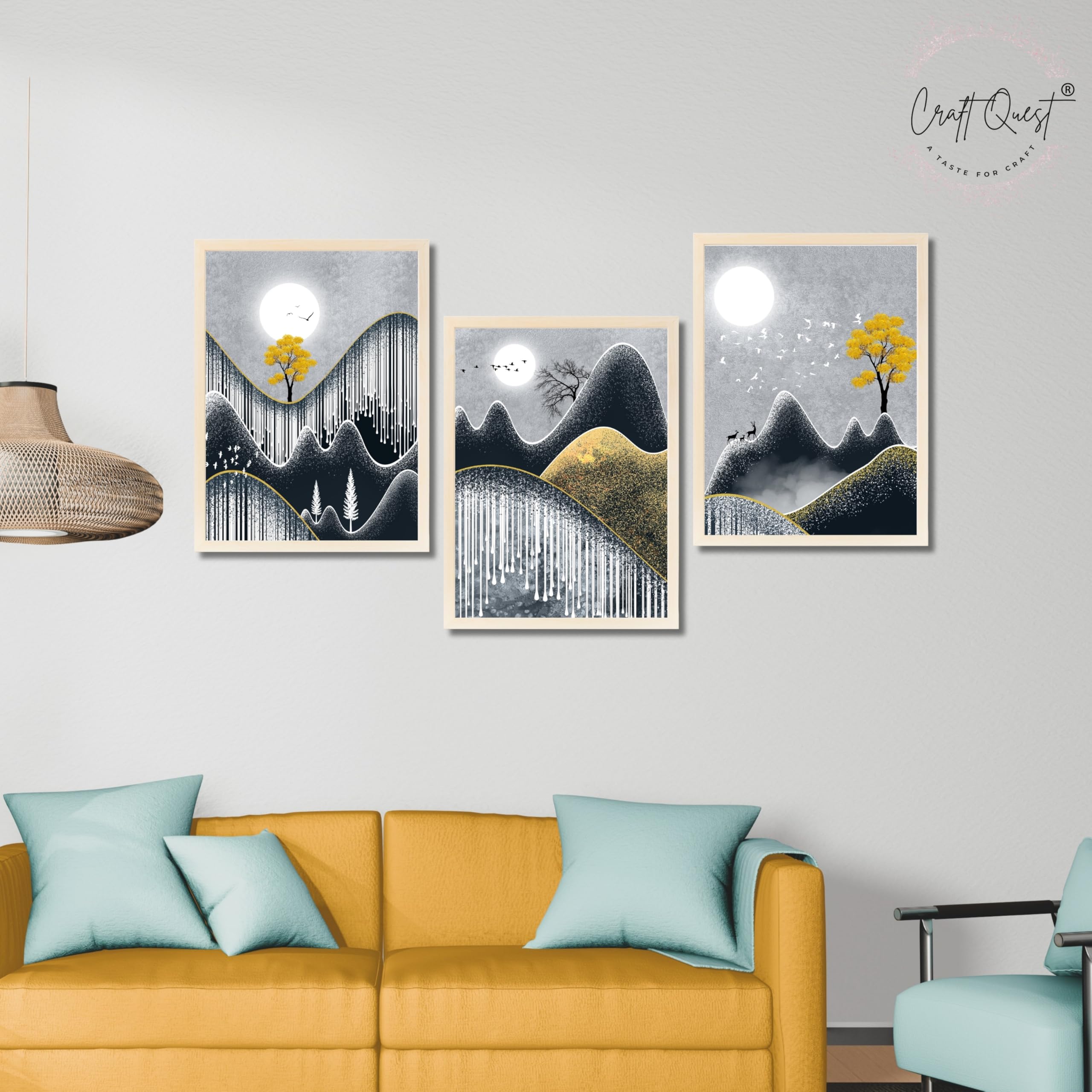 CRAFT QUEST Abstract Art Geometric Figures Decorative Murals | Set of 3 Frames for Home Decoration | Ideal for Living Room, Bedroom & Offices