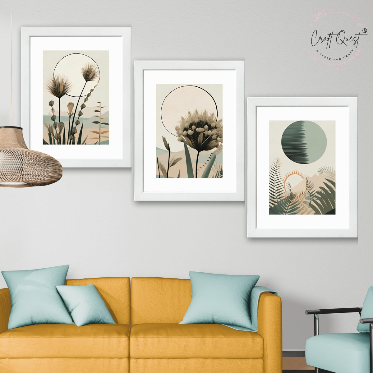 CRAFT QUEST Boho Abstract Flowers & Leaves | Set of 3 Frames for Home Decoration | Ideal for Living Room, Bedroom & Offices