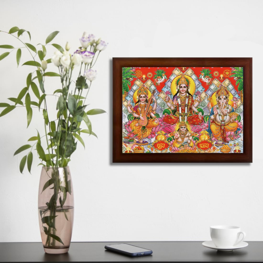Craft Quest Goddess Lakshmi Devi with ganesh ji and saraswati maa Wall Painting Frame Home Decor Landscape (Synthetic, Matte Finish, Brown, Large Size, 14 X 10 Inch)